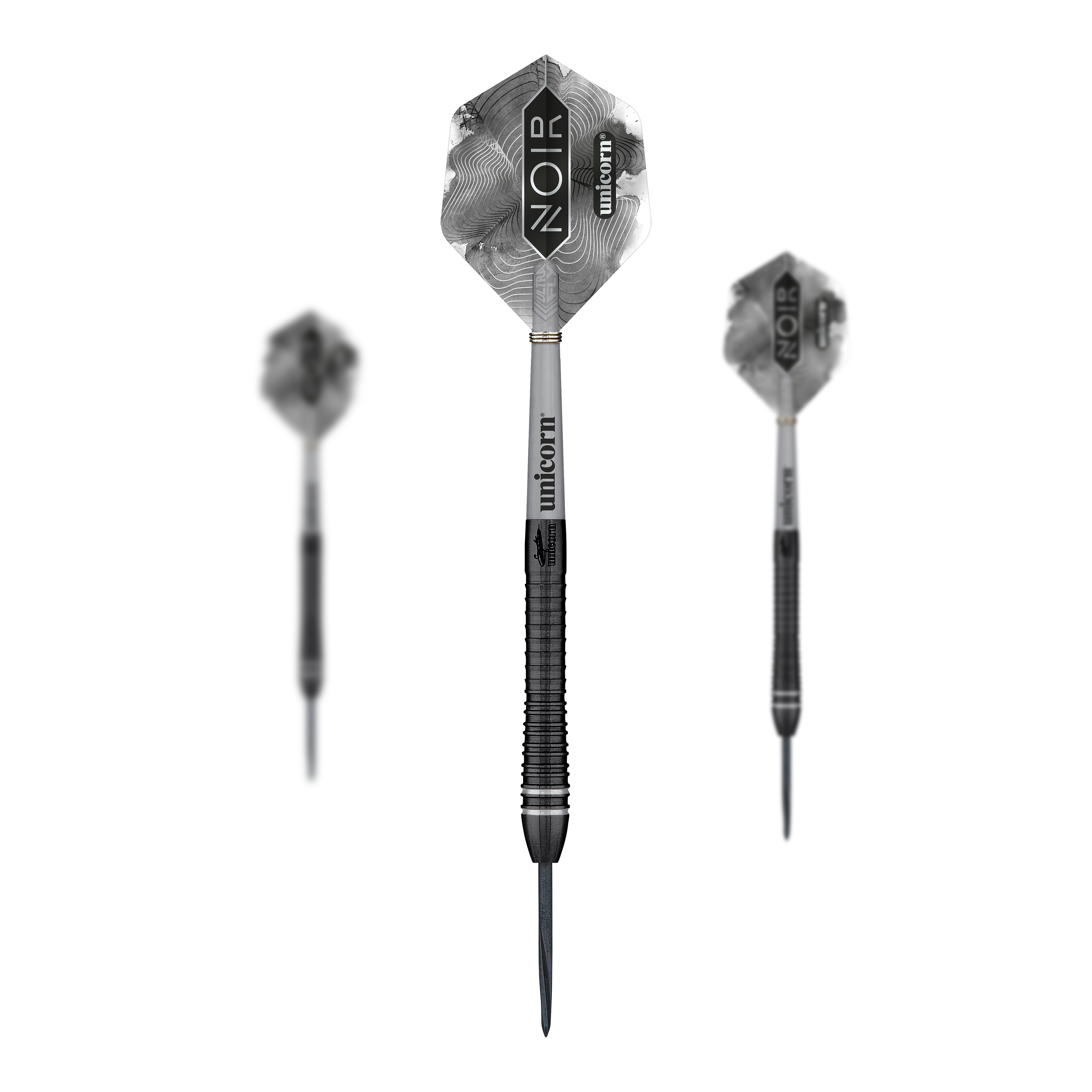 Das Bild zeigt drei Steeldarts des Modells „Unicorn World Champion Gary Anderson Noir Phase 6“. Die Pfeile sind schwarz-silber und tragen die Aufschrift „NOIR“ und „unicorn“ auf den Flights.